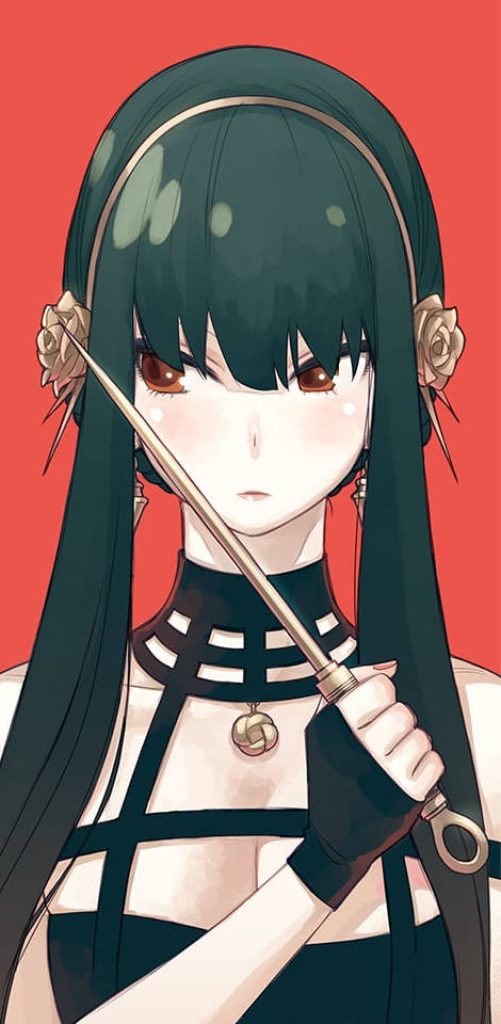 Yor Forger iPhone wallpaper anime Thorn Princess black assassin outfit vivid red background