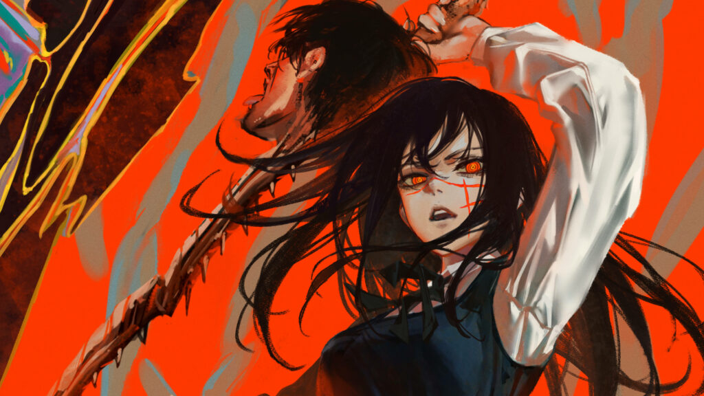 Dynamic Yoru Wallpaper: Intense Chainsaw Man Art with Bold Red Background