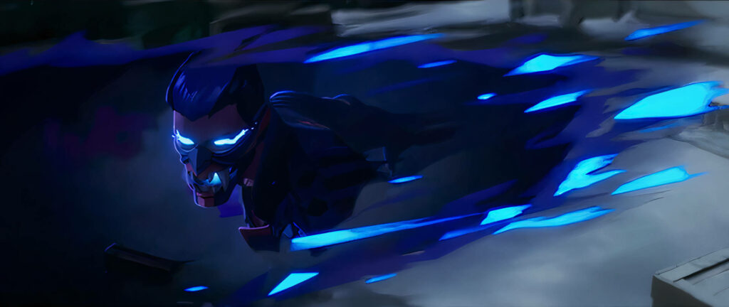 Yoru Valorant digital wallpaper with neon blue energy trails and signature oni mask artwork