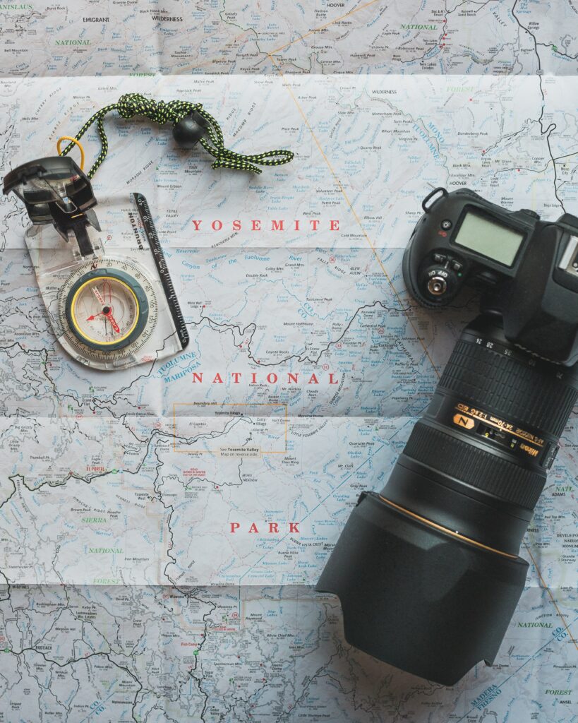 Yosemite Travel Wallpaper: Map, Compass, & DSLR Adventure Theme