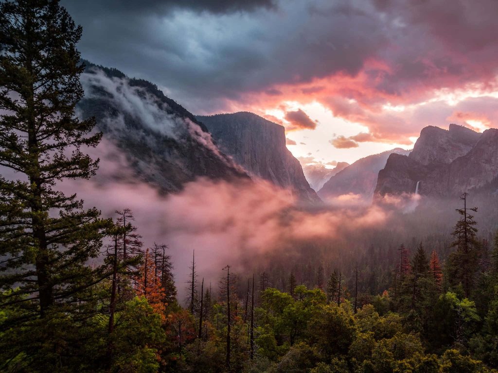 Yosemite Valley El Capitan sunset misty clouds forest landscape wallpaper background serene view