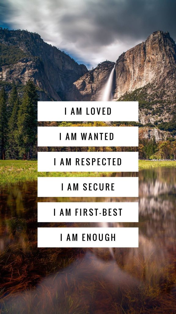 Yosemite waterfall with serene valley and empowering affirmations screen wallpaper background