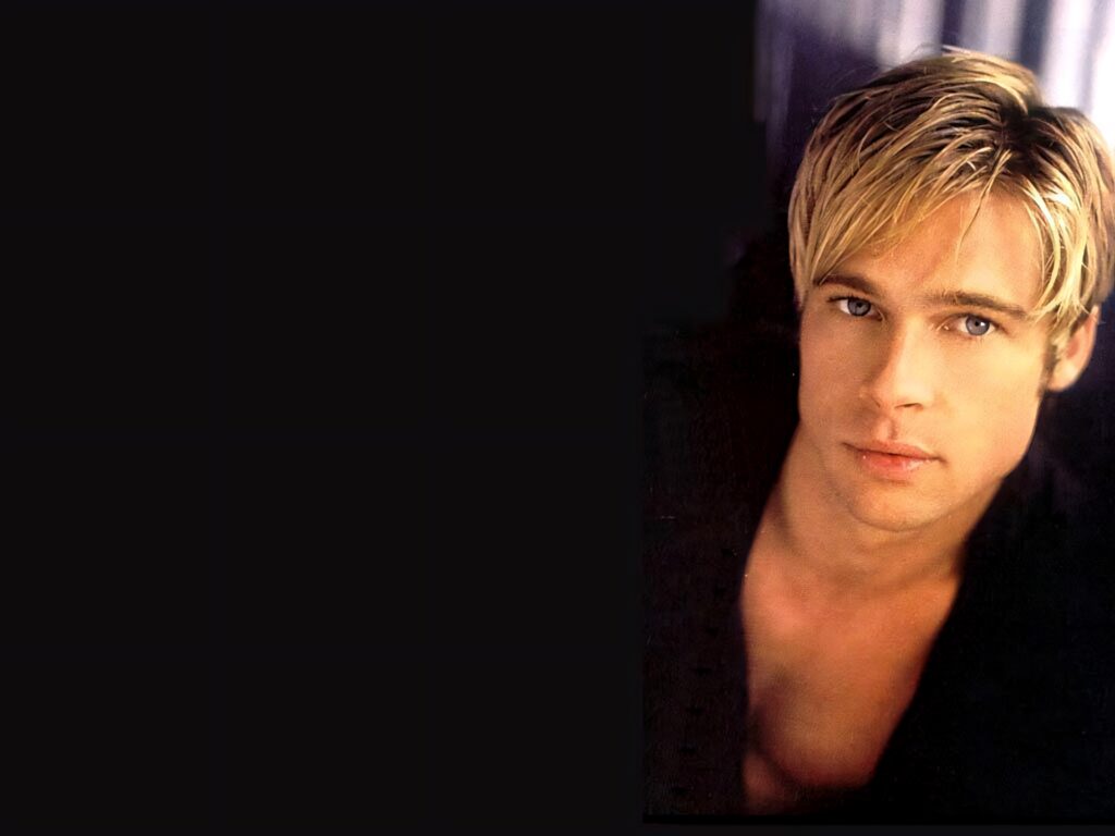 Young Brad Pitt blonde hair relaxed expression dark minimalist background wallpaper design