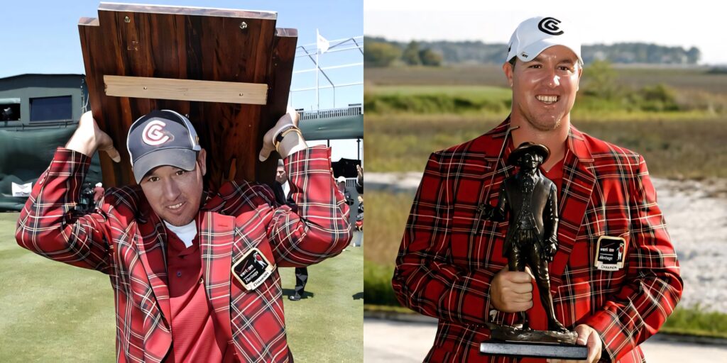 Young Boo Weekley golfer in red plaid jacket celebrating victory with trophy on golf course Wallpaper