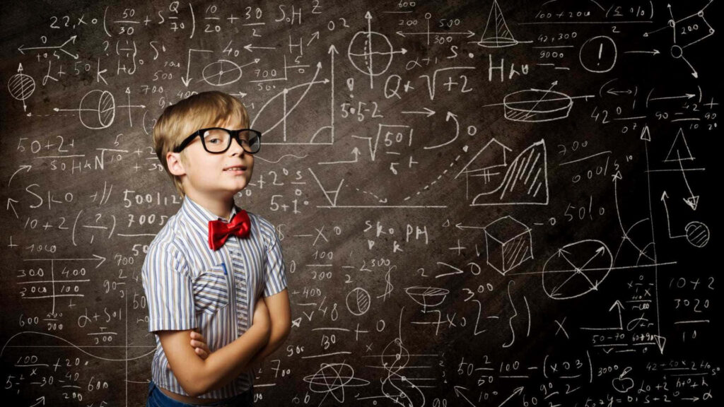 Young genius in striped shirt and red bow tie stands confidently by chalkboard with math formulas Wallpaper