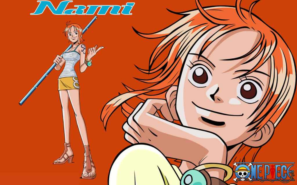 Young Nami *One Piece* Wallpaper: Vibrant Design on Dark Orange