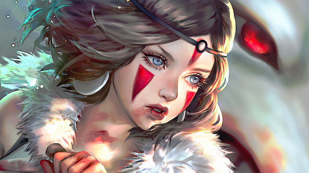 Princess Mononoke stands determined in mystical forest near Tatara village with wild spirit background Wallpaper