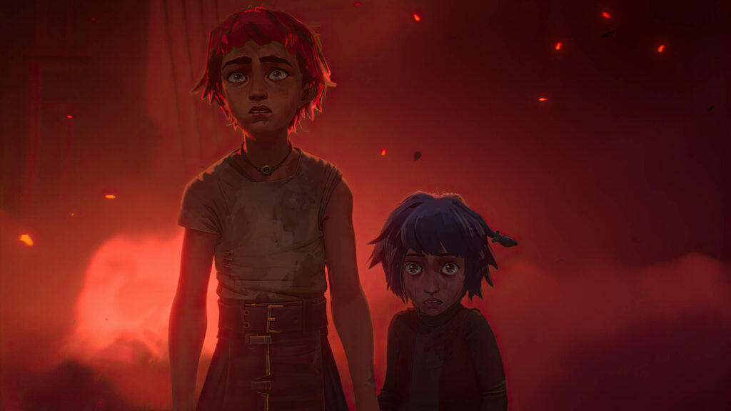 Young Vi and Powder from Arcane in a glowing ember scene with red smoky dramatic background Wallpaper