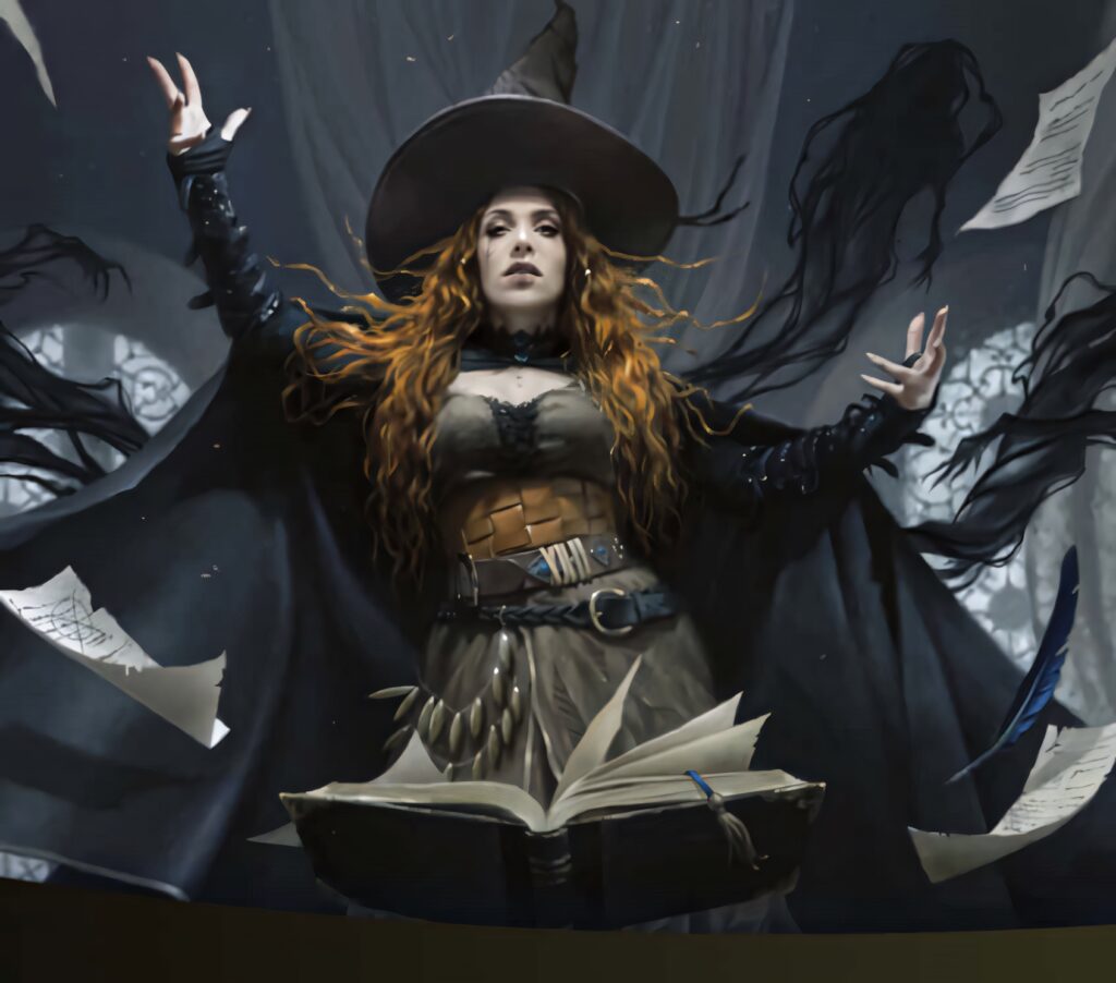 Young witch casting spell with magical pages swirling by bubbling cauldron wallpaper background