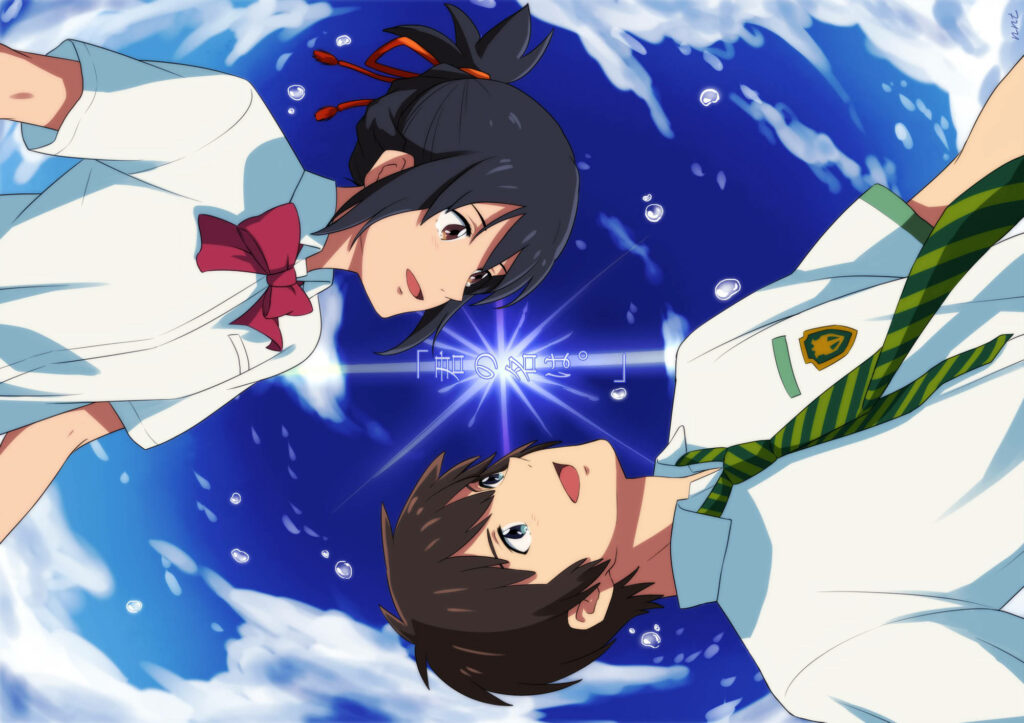 A Captivating Anime Artwork: Enchantment in the Skies, as a Young Duo Lock Eyes in a Circular Frame Wallpaper