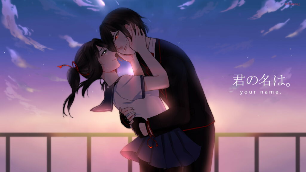 Magical Connection: The Enchanting Gaze of Mitsuha Miyamizu and Taki Tachibana in 'Your Name' - QHD Wallpaper for a Captivating Background Photo