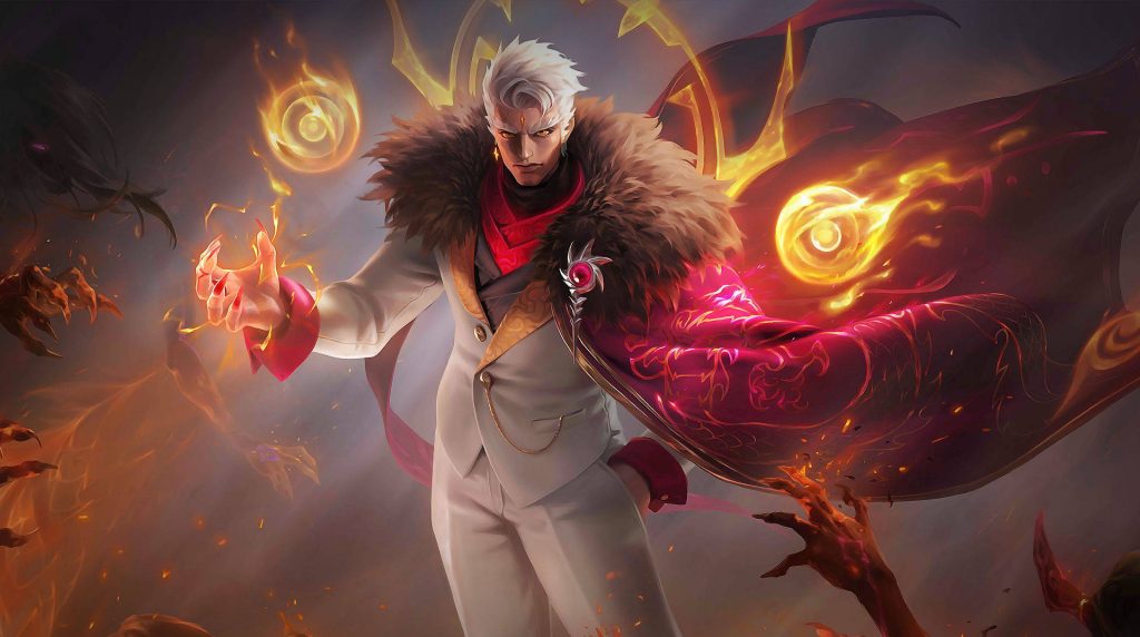 Yu Zhong Exorcist skin wallpaper Mobile Legends warrior in white suit with fiery orbs background