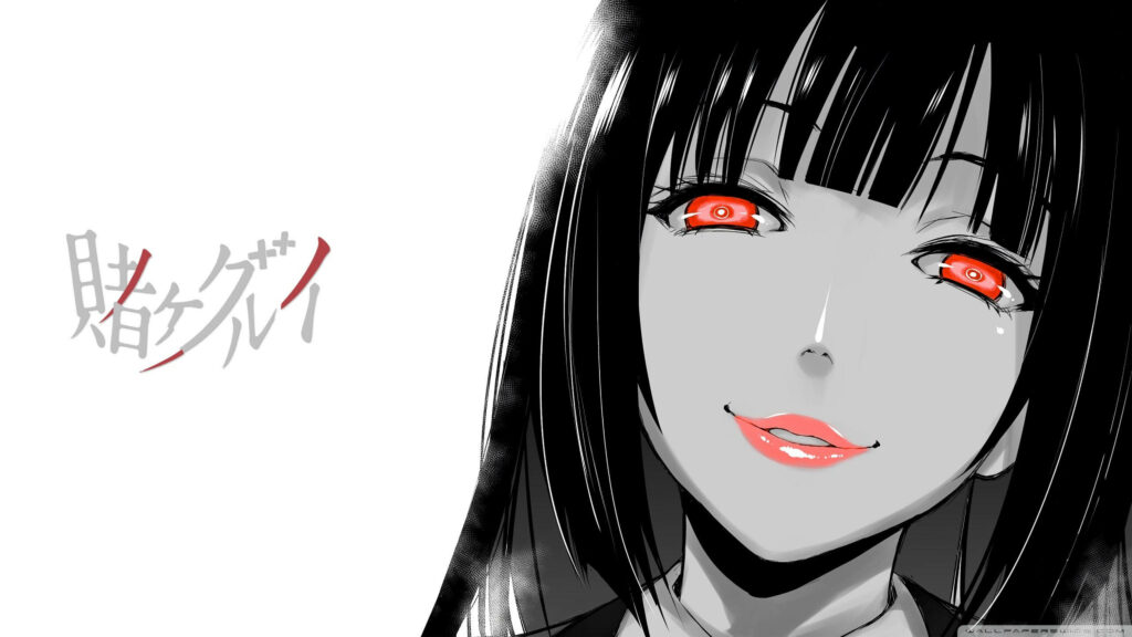 Yumeko Jabami Wallpaper: Enigmatic Smile & Red Eyes against Monochrome Backdrop