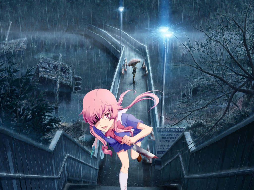Yuno Gasai charging with knife in rain soaked dark Future Diary anime wallpaper background
