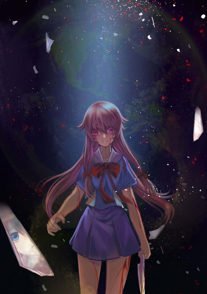 Yuno Gasai anime wallpaper in school uniform holding blood-stained knife with shattered glass