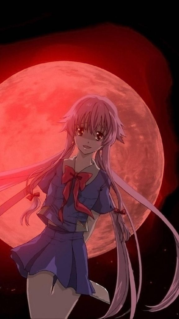Yuno Gasai anime wallpaper with pink hair blue uniform and red full moon background dark aesthetic