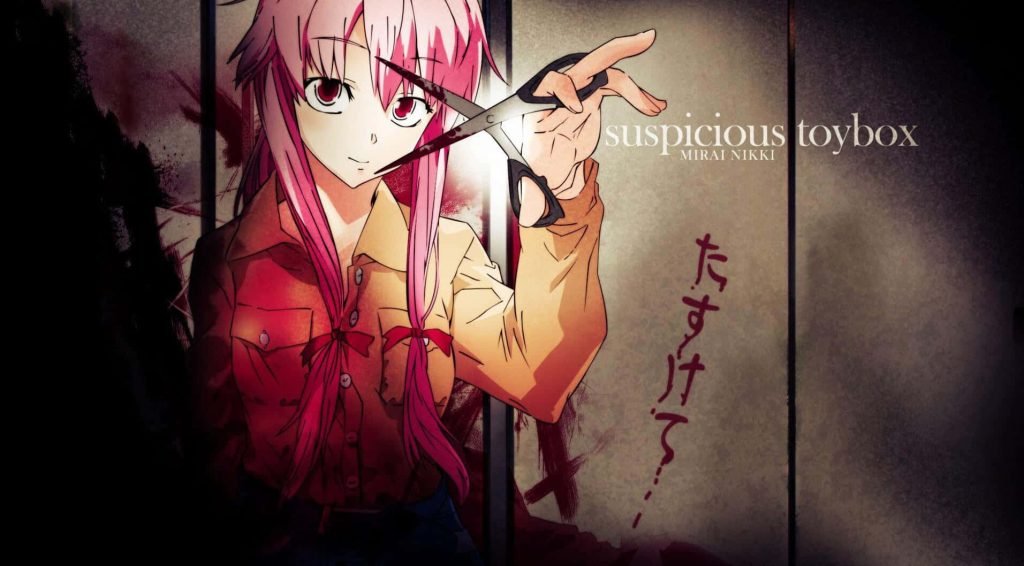 Yuno Gasai from Future Diary with pink hair holding scissors and dark tasukete text background Wallpaper