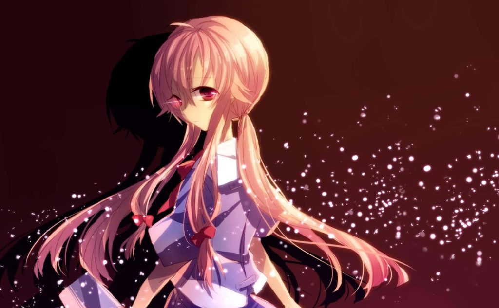 Yuno Gasai Future Diary anime wallpaper with pink hair red eyes school uniform dark background