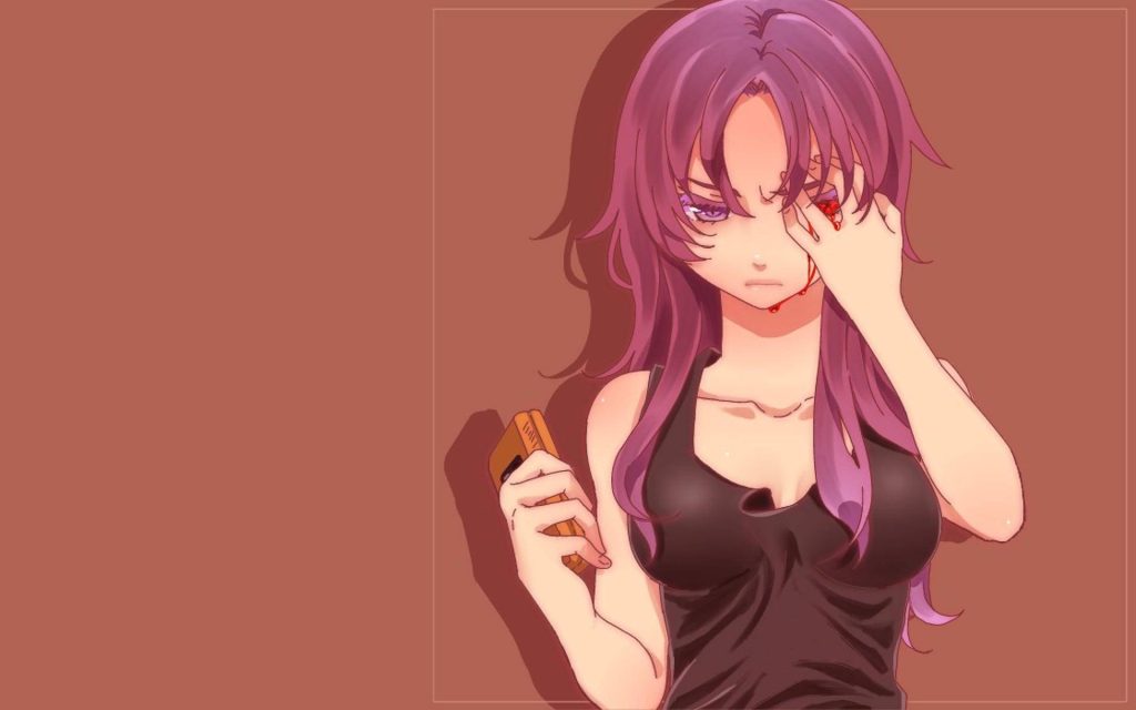 Dark anime wallpaper of Yuno Gasai with purple hair covering bloodied eye holding smartphone