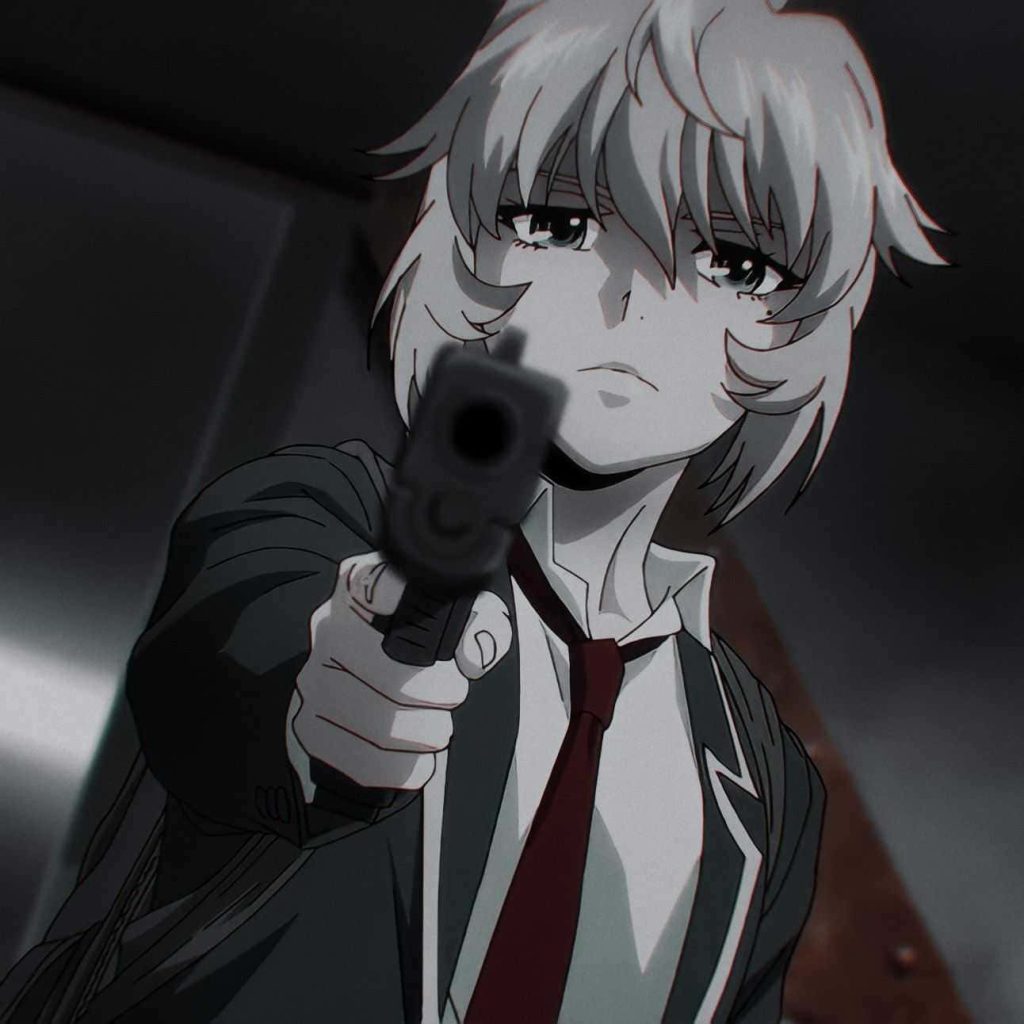 Yuri Honjo from High-Rise Invasion aiming handgun intense anime wallpaper background