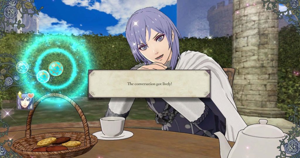 Yuri Leclerc from Fire Emblem in sunlit garden tea time with cookies anime wallpaper background