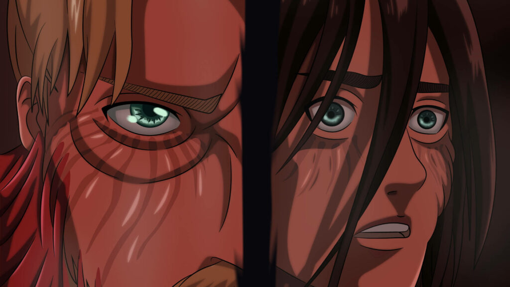 Zeke and Eren Yeager Attack on Titan wallpaper split design intense anime art background
