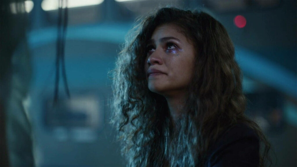 Zendaya as Rue in Euphoria emotional scene dramatic lighting TV series wallpaper background