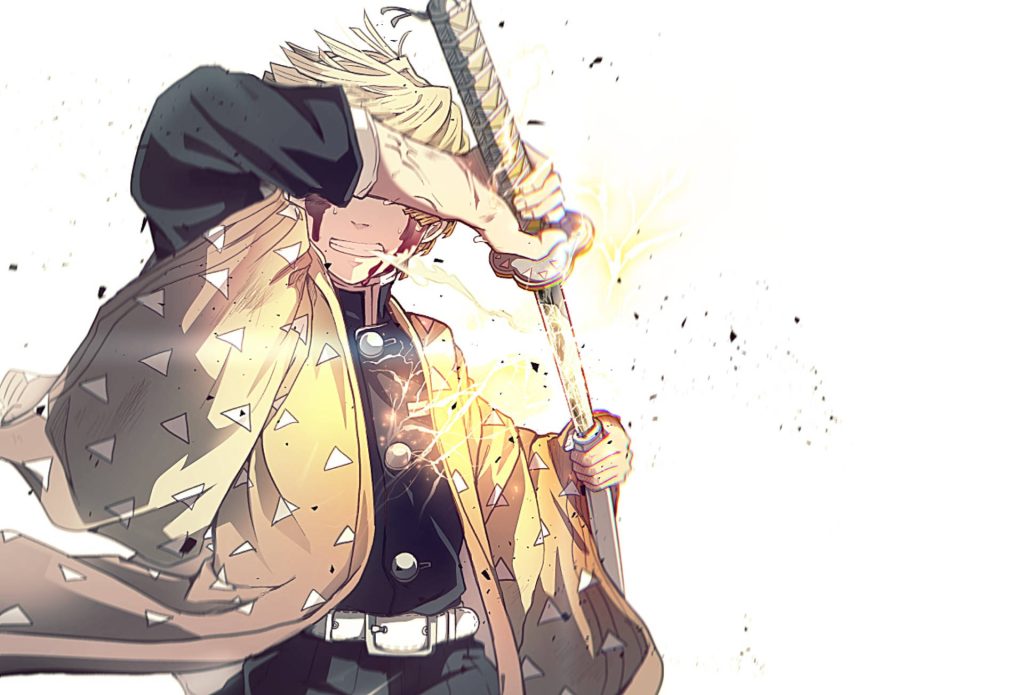 Zenitsu Agatsuma mid-draw with katana and golden lightning in dynamic anime wallpaper