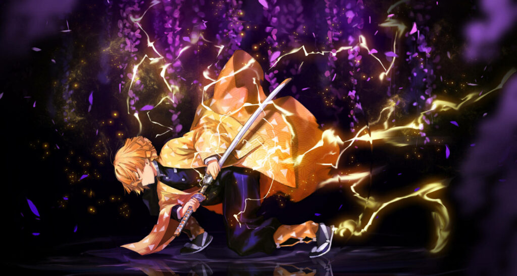 Inspired Resilience: Zenitsu Agatsuma's Humble Stance amidst Tumultuous Combat - A Demon Slayer Zenitsu Background Photo Wallpaper