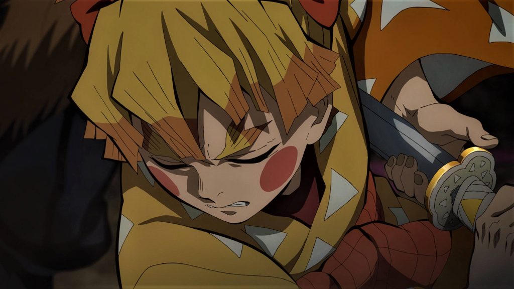 Zenitsu Agatsuma anime wallpaper in yellow haori with Nichirin sword focused in combat scene