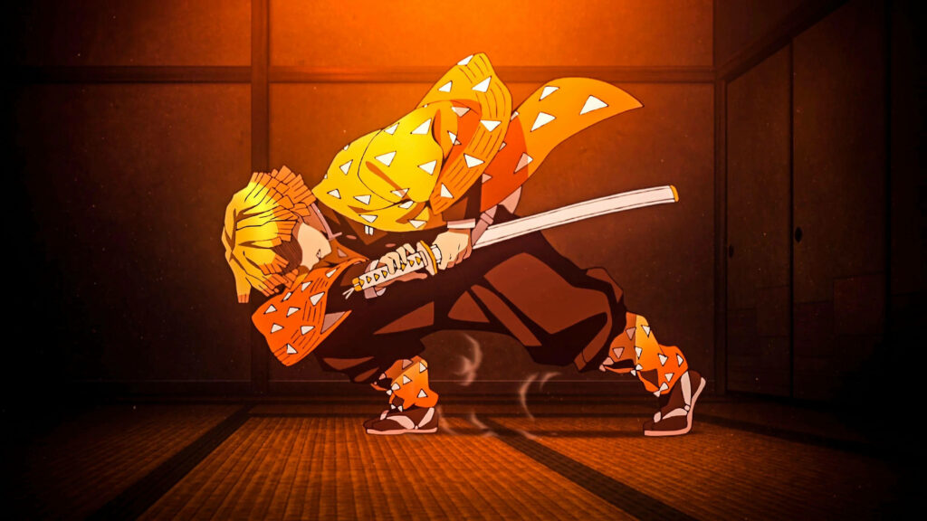 Serenity in Battle: Zenitsu Unleashes His Nichirin Katana - Demon Slayer Zenitsu Wallpaper