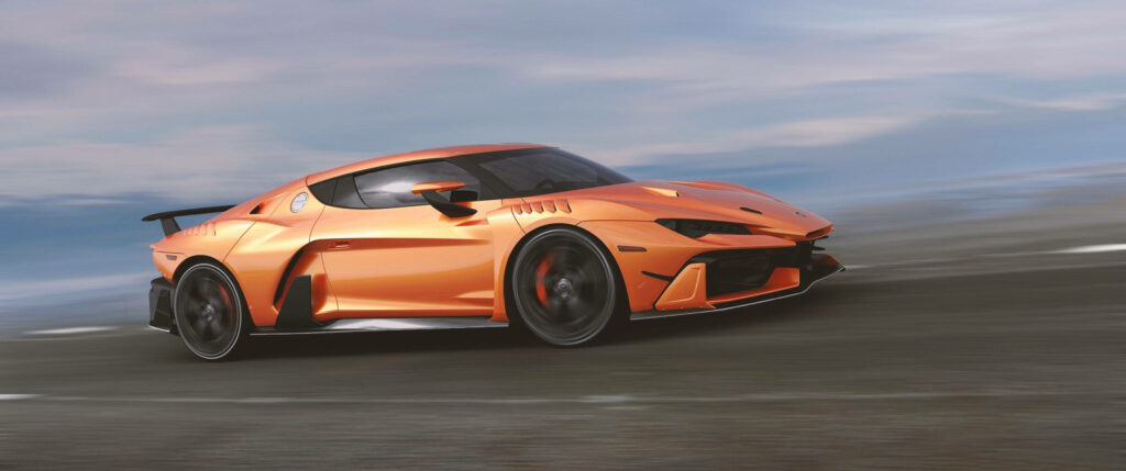 Zenova St1 orange sports car in motion sleek aerodynamic design blurred background wallpaper