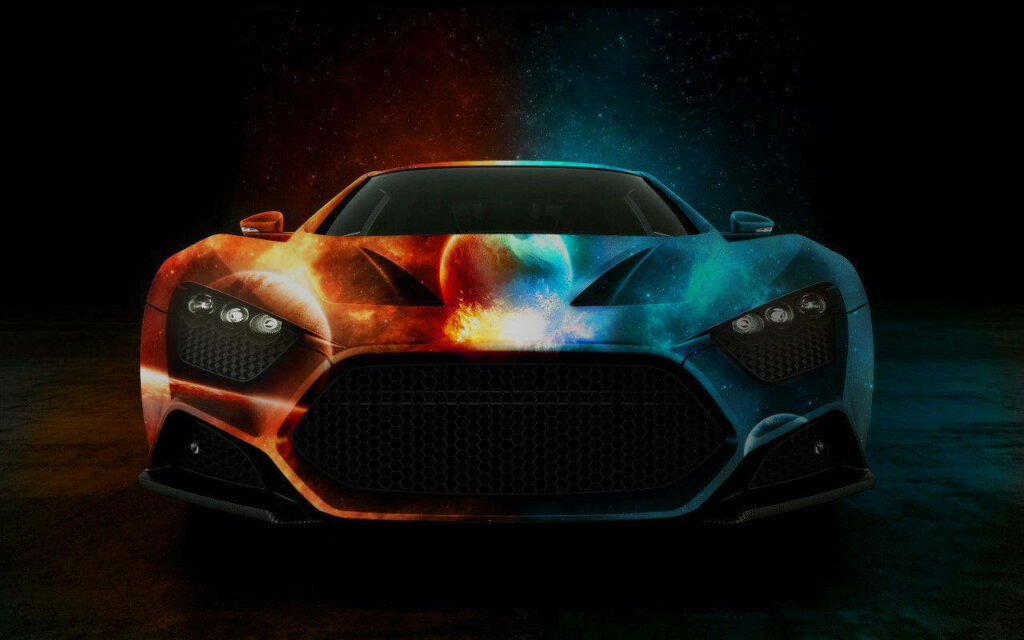Zenvo ST1 front view with vibrant cosmic red and blue design sleek sports car wallpaper background