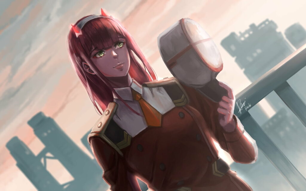 The Enigmatic Beauty of Zero Two: A Captivating Artwork in Manga Style Wallpaper