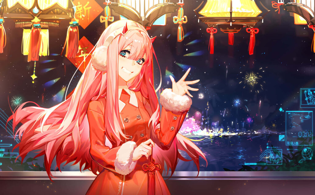 Festive Zero Two Wallpaper: Holiday Cheer & Fireworks in the Night Sky