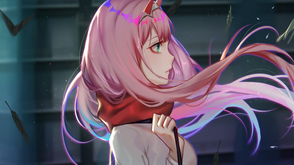 Zero Two Anime Darling in the Franxx Pink Hair Wallpaper: Dynamic Character with Captivating Background