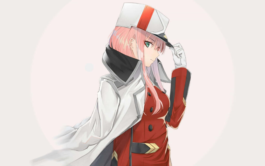 Zero Two Wallpaper: Confident Soldier in Bold Red and Pink Aesthetic