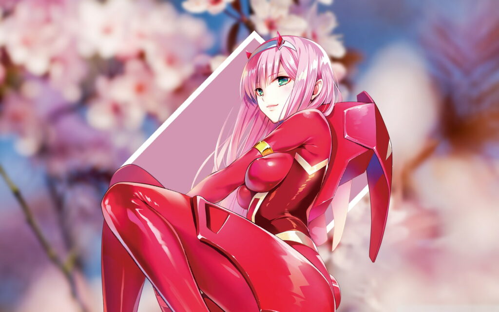 Zero Two in red plugsuit stands among vibrant cherry blossoms anime wallpaper background