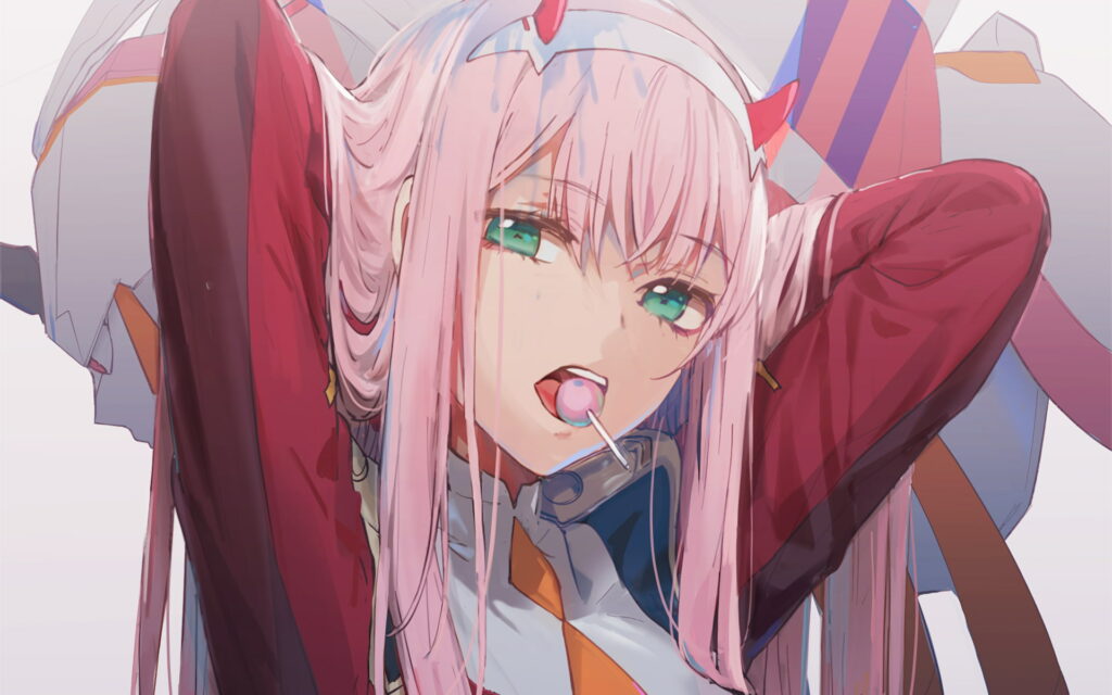Zero Two Anime Character Wallpaper with Pink Hair and Lollipop Pose