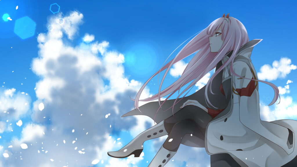 Zero Two from Darling in the Franxx gazing at blue sky with clouds petals and lens flare wallpaper