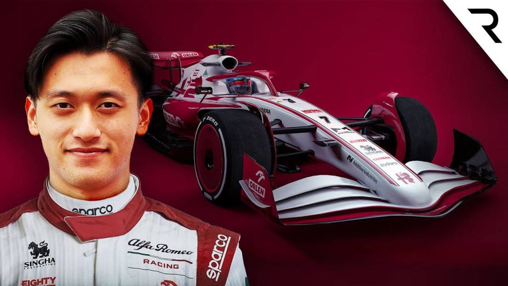 Zhou Guanyu in Alfa Romeo racing suit with F1 car on burgundy background motorsport wallpaper
