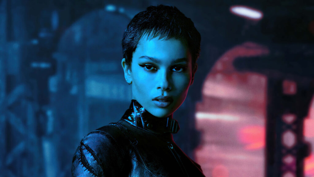 Zoë Kravitz cyberpunk portrait neon lighting futuristic urban cityscape wallpaper background