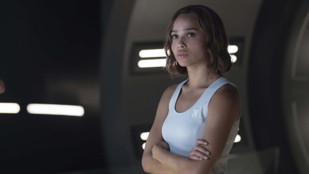 Zoë Kravitz in sleek futuristic sci-fi character pose dynamic wallpaper background image