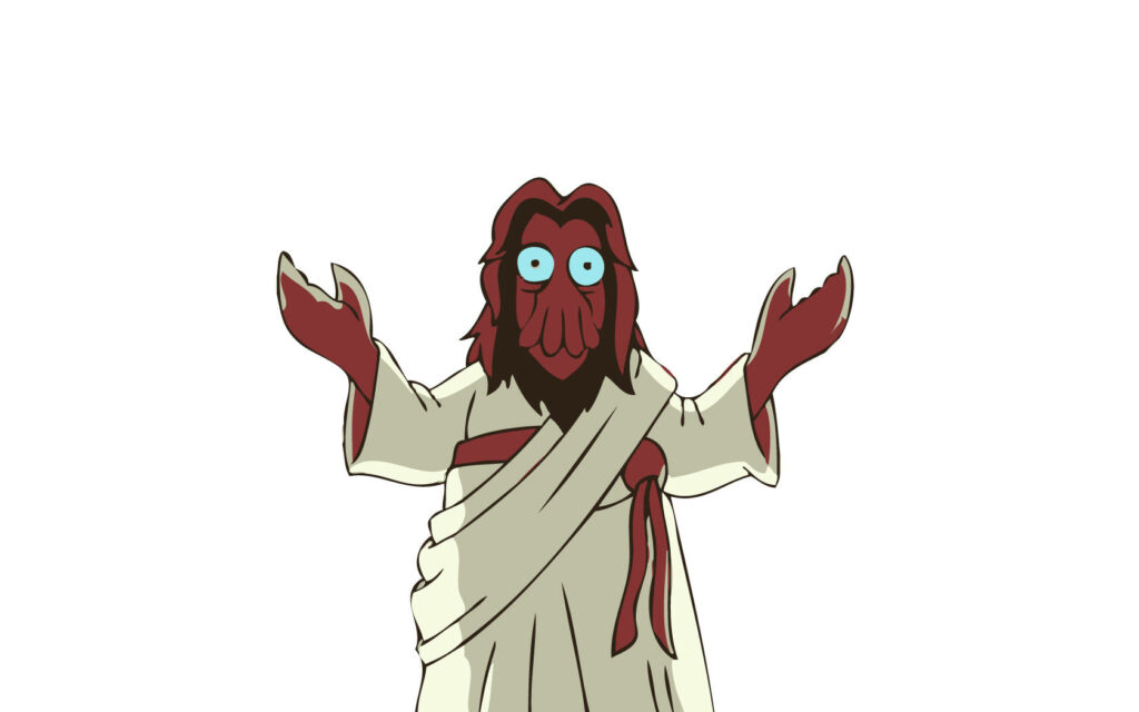 Whimsical Zoidberg Jesus Fan Art Captured in a Playful White Setting Wallpaper