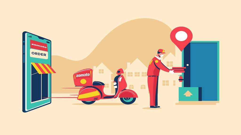 Zomato food delivery vector art showing rider on red scooter and smartphone order interface Wallpaper