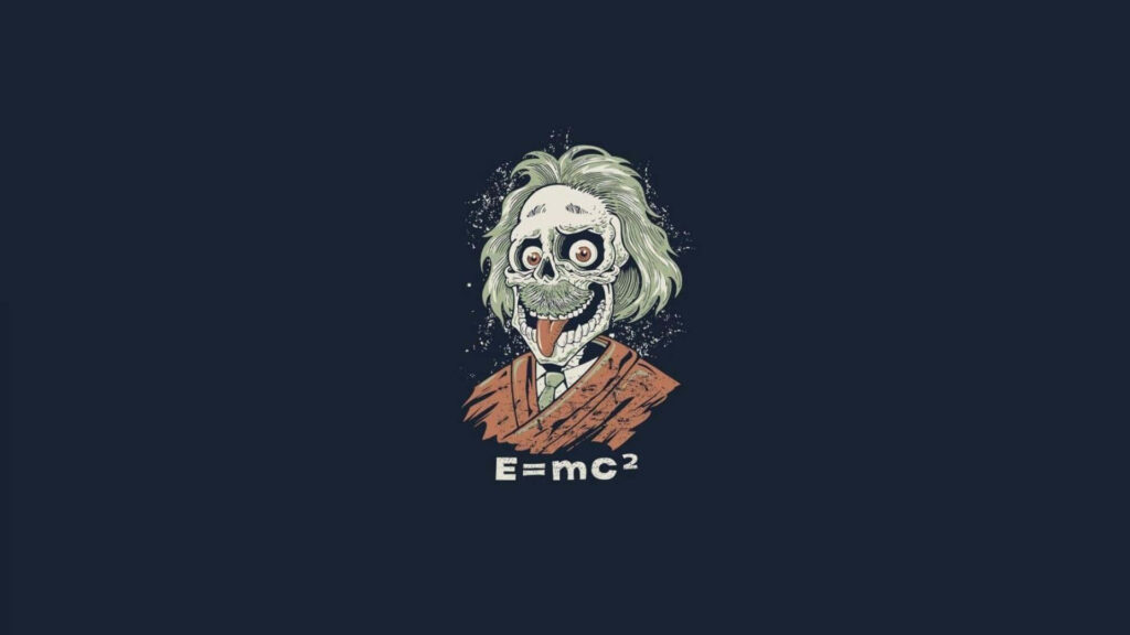 Cartoon zombie Albert Einstein with E equals MC squared equation on dark wallpaper background
