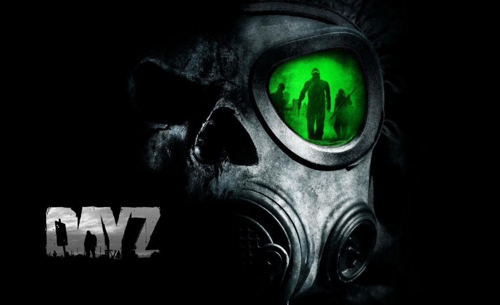 Guardian of the Apocalypse: Gas Mask's Eerie Reflection of Approaching Dayz Zombies in Dim Backdrop Wallpaper