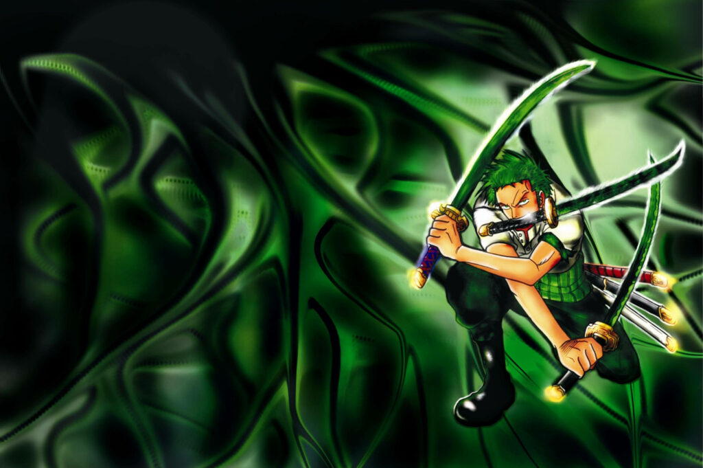 Zoro's Dynamic Swordplay: A Striking One Piece Tribute Wallpaper