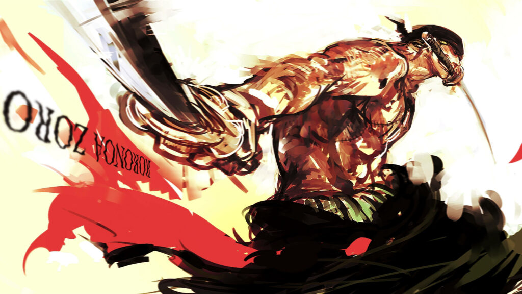 Mastery of the Three Sword Style: Zoro's Fiery Blade Dance in 4k Painted Art Wallpaper