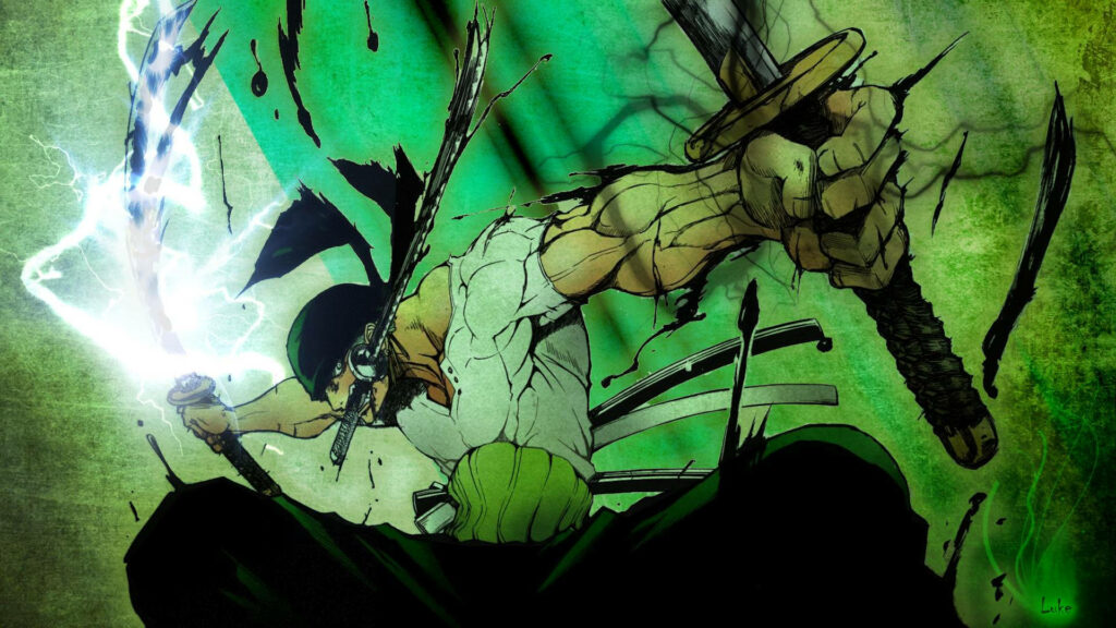 Triple Sword Mastery: Zoro's Intense Battle Stance in Green-Hued Wallpaper